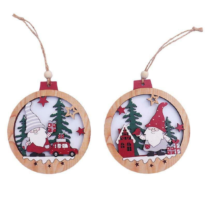 2pcs Christmas Car Gnome Santa Wooden Round Hanging Pendant Cartoon Santa Xmas