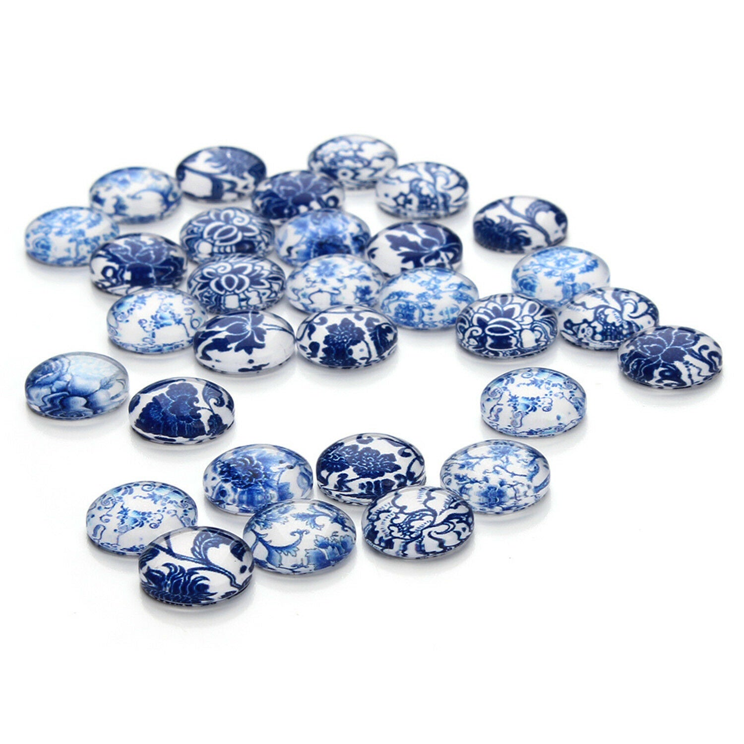 30pcs Round Glass Mixed Blue and white Porcelain Pattern Cabochon Flat Back 12mm