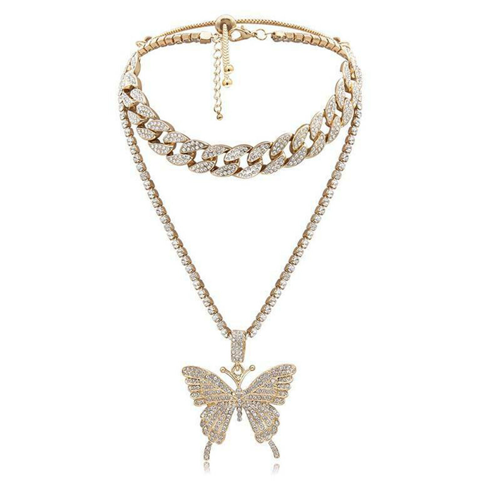 Butterfly Pendant Necklace Cuban Rope Tennis Chain HipHop Jewelry