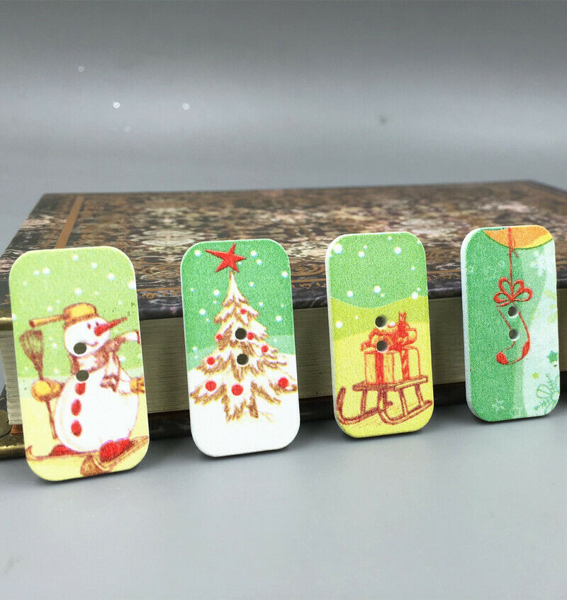 50X Mixed Christmas pattern Buttons Wooden Sewing crafts scrapbooking 34mm