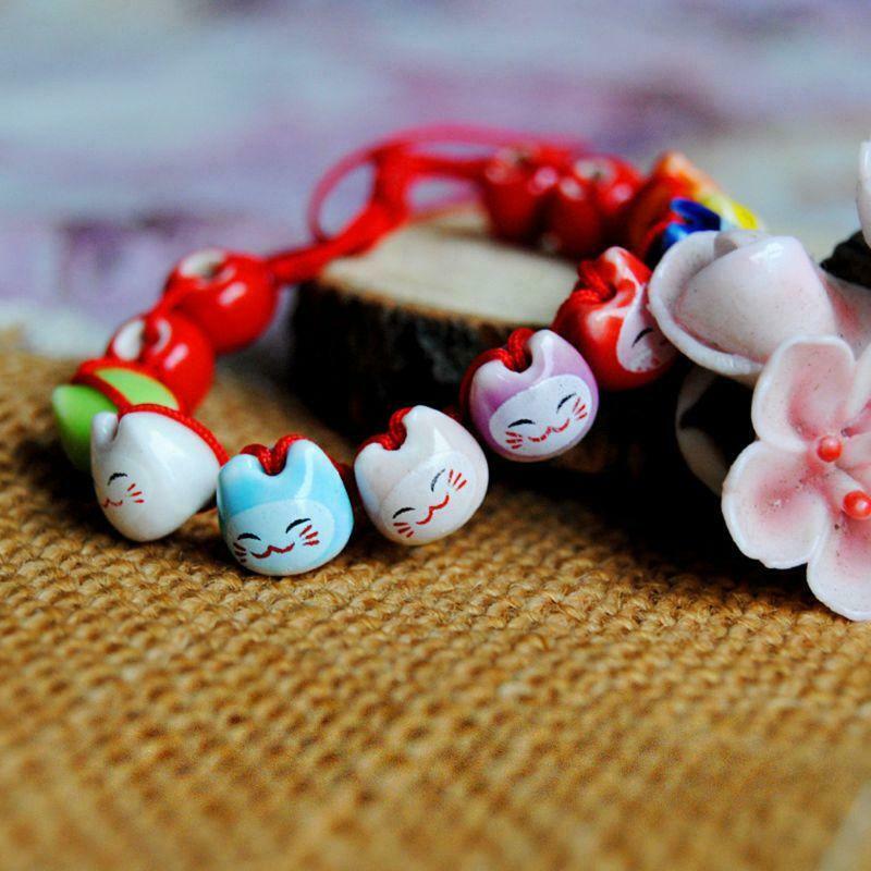 Ceramic Lucky Fortune Cat Charm Beaded Red String Bracelet Lucky Wish Jewelry
