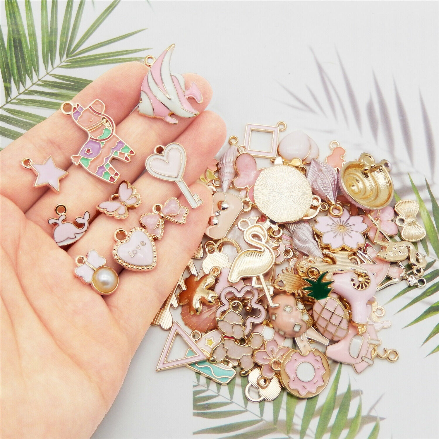 20PCS Pink Alloy Mixed Flower Animal Star Enamel Charms Pendant DIY Findings