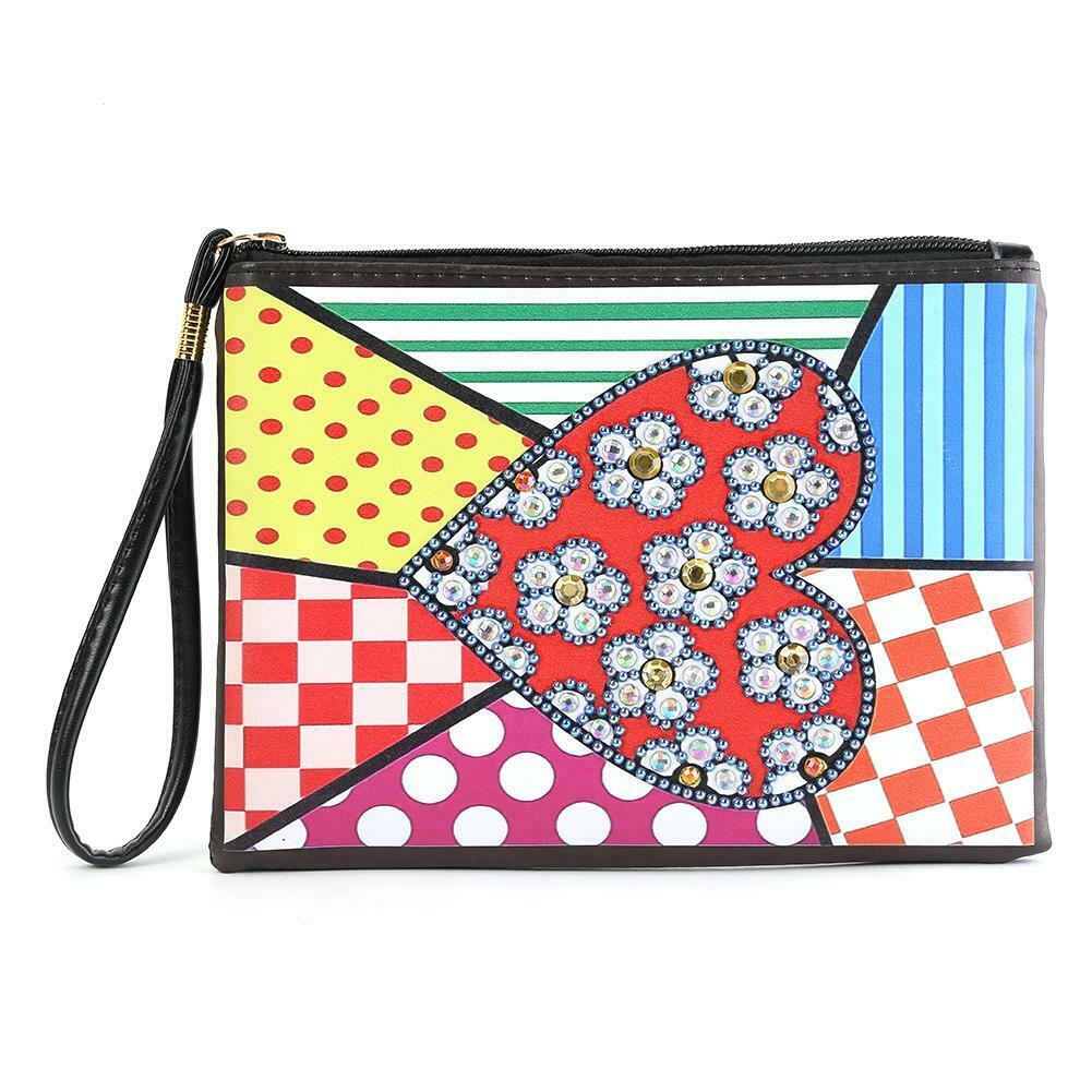 DIY Heart Special Shape Diamond Painting Women Wristlet Purse Zipper Clutch @
