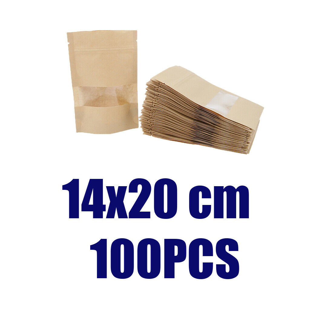 100x Kraft Paper Bag Stand Up Pouch Food   Packaging W/ Window 14x20