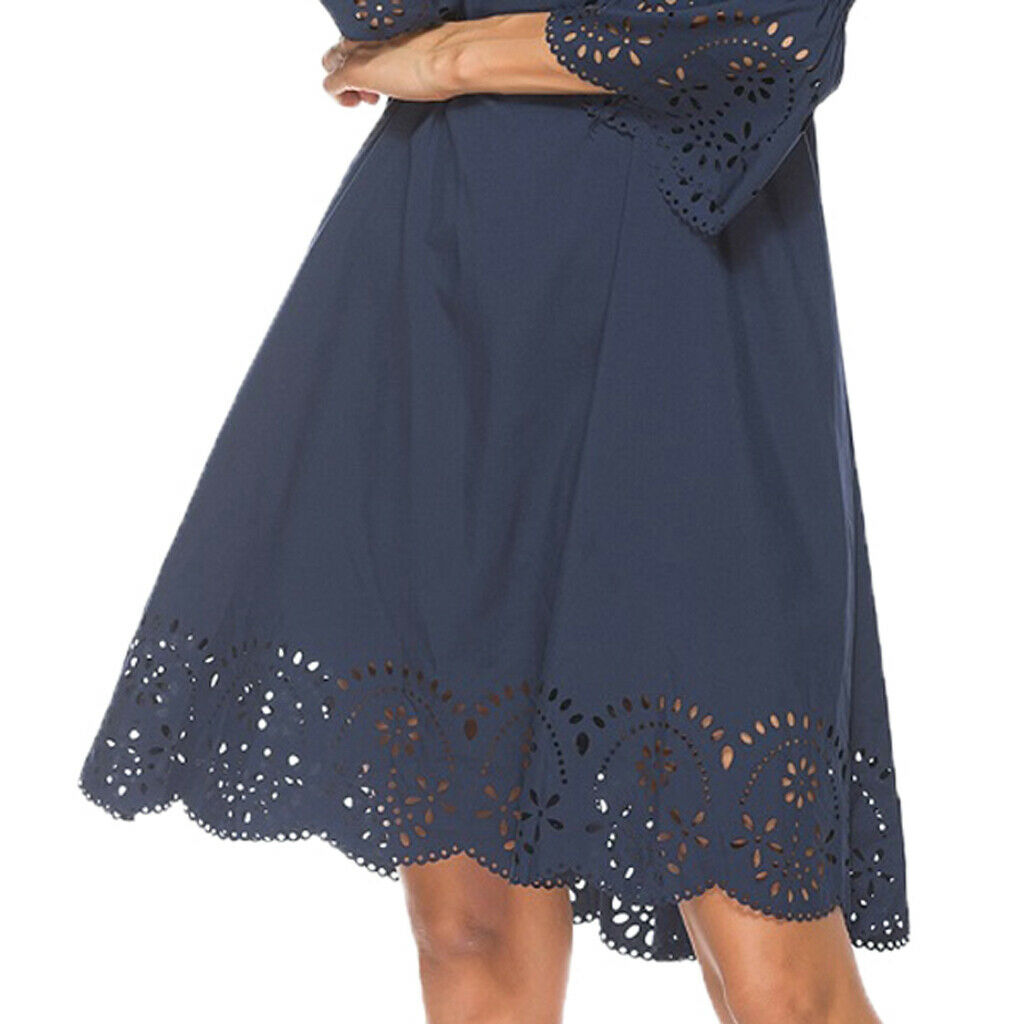 Women 3/4 Sleeve Skirt Off Shoulder Hollow Out Flower Hem Dress Darkblue 1XL