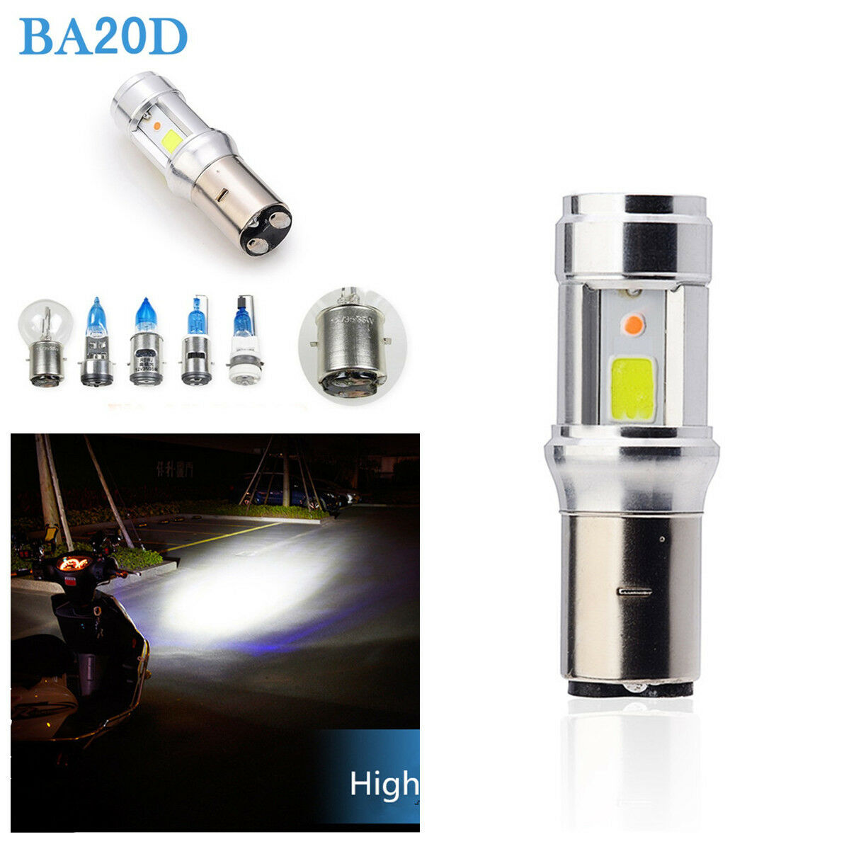 DC 12V Motorcycle Headlight Bulb BA20D Dual Color LED COB Hi/Lo Lamp Fog Light