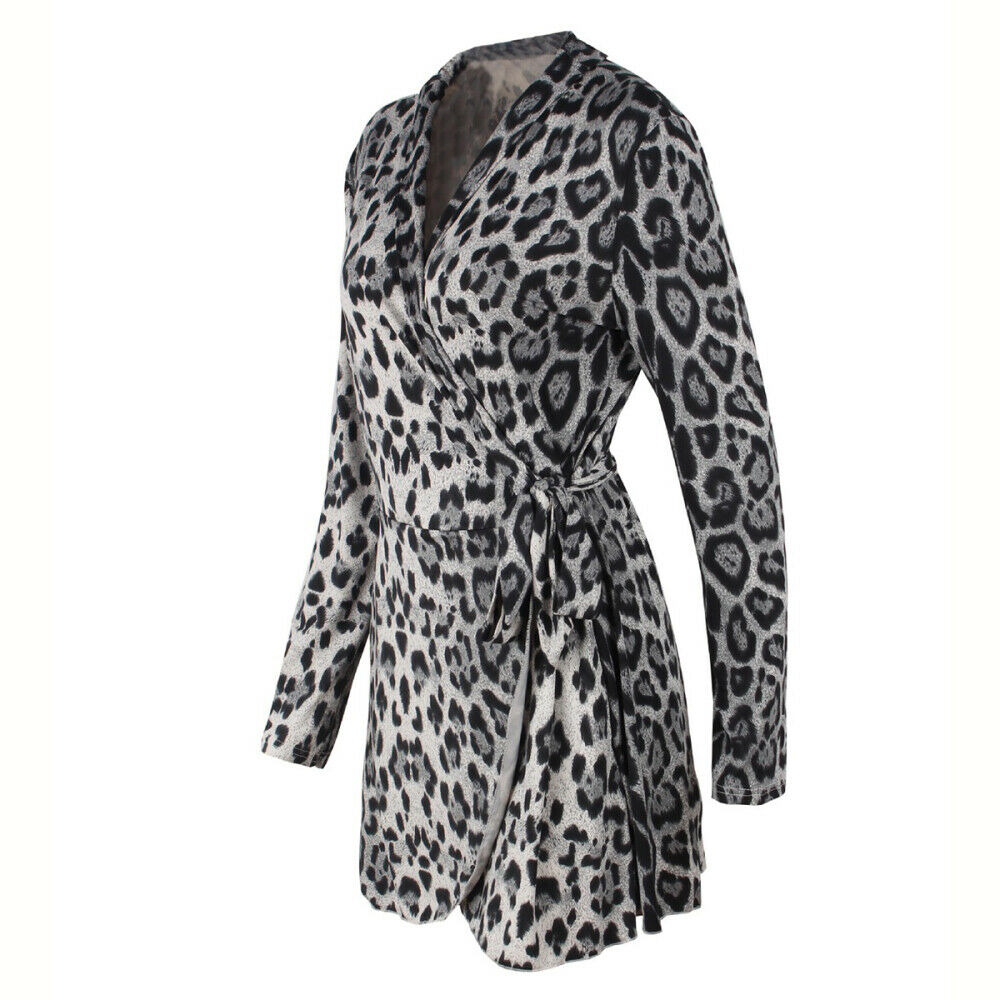 Fashion Women"s Leopard Sexy V-Neck Long Sleeve Mini Party Club Summer DressesUS