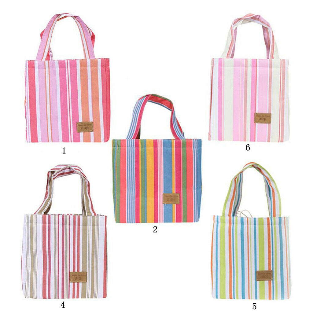 Portable Lunch Box Tote Cooler Bag Bento Pouch Container Pink Stripes