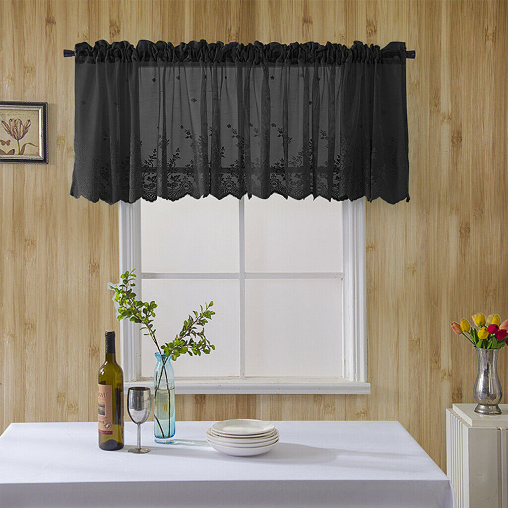 Embroidered Window Voile Sheer Curtain Valance Tiers Black-Valance-137x61cm