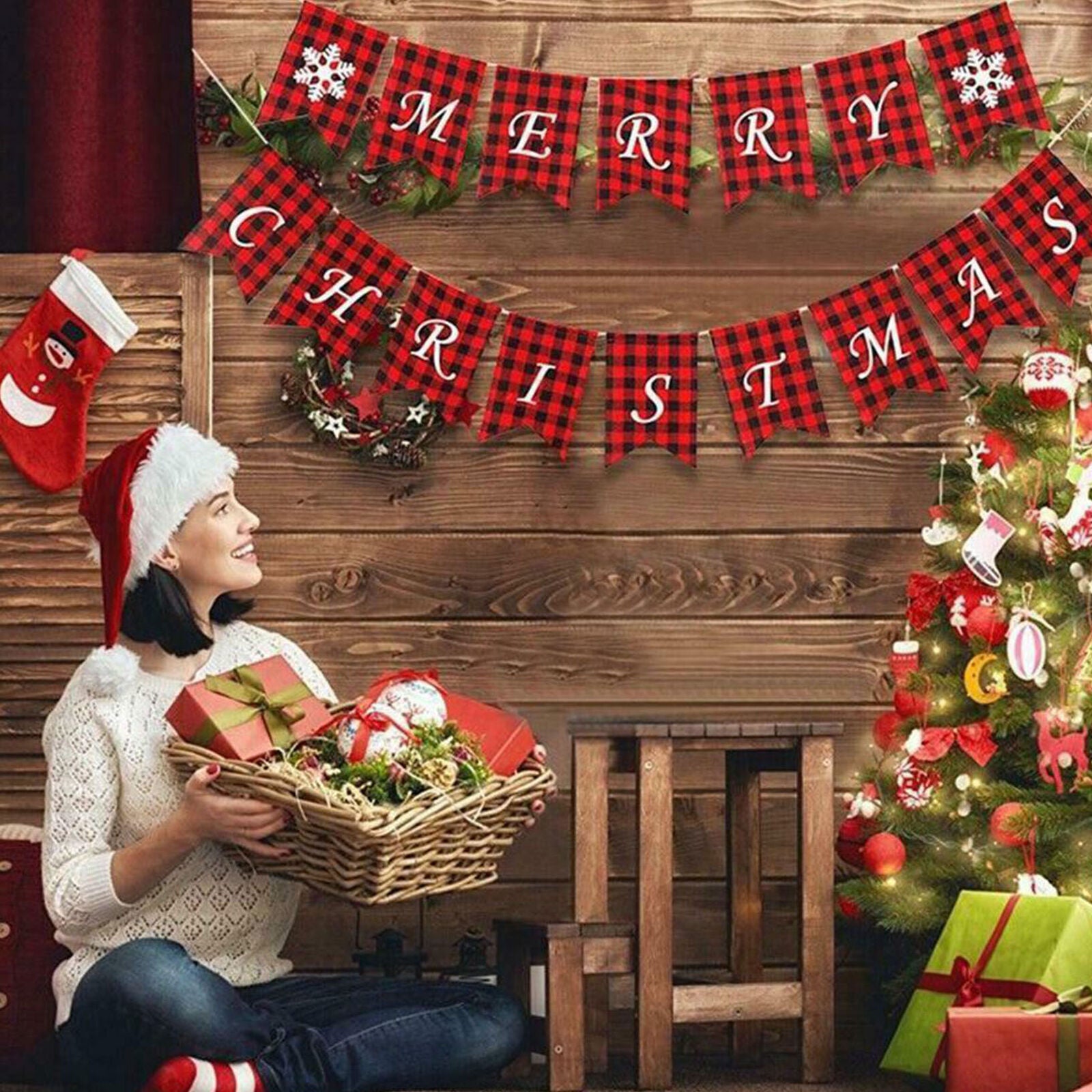 Merry Christmas Banner Flag Red Burlap Plaid Hanging Ornaments Home Party Decor