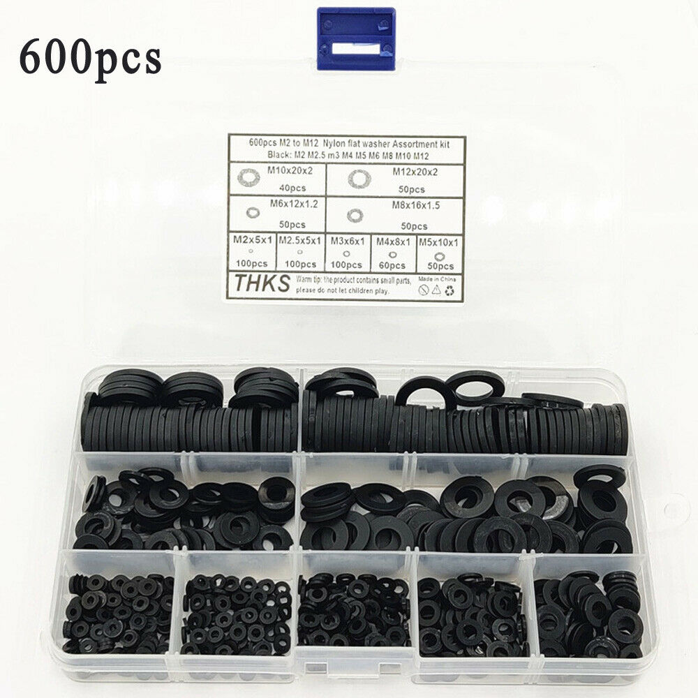 M2-M12 + Box Black Nylon Flat Washers Gasket Assortment Kit 600Pcs 9 Sizes