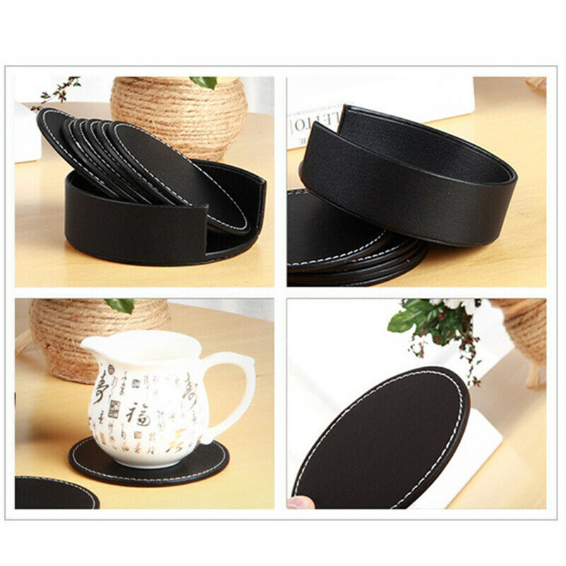 Set of 6 Black Round Leather Coffee Mug Drink Coasters Table Cup Mat  FTDFAU