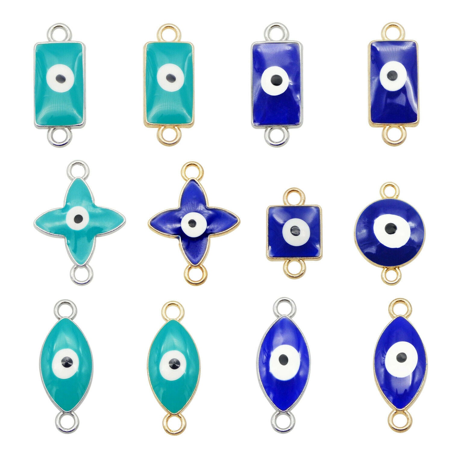 12 Mix Blue Alloy Evil Eye Enamel Charm Bracelet Pendant Connector Craft Jewelry
