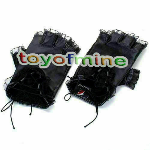 Gothic Punk Women's Lambskin Leather Lace Trim Straps Fingerless Gloves Black
