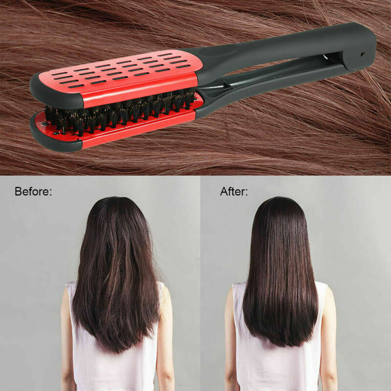 Hair Straightening Comb Double Sided Bristle Hair Brush Clamp Straightener I2V2