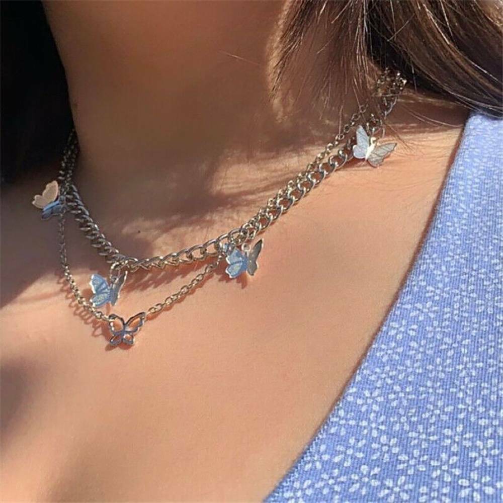 Double Layer Butterfly Pendant Necklace Clavicle Chain Choker Women Jewelry Gift