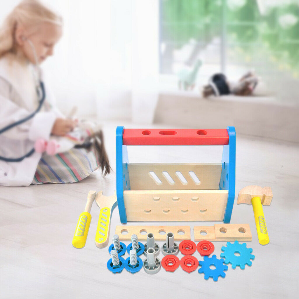 Realistic Wooden Take-Along Tool Kit Wrench and Hammer DIY Learning Toolbox