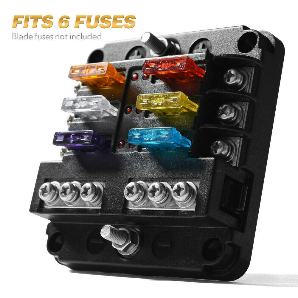 6-Way Auto Blade Fuse Holder Box Block with LED Indicator for 12V 24V Car Marine