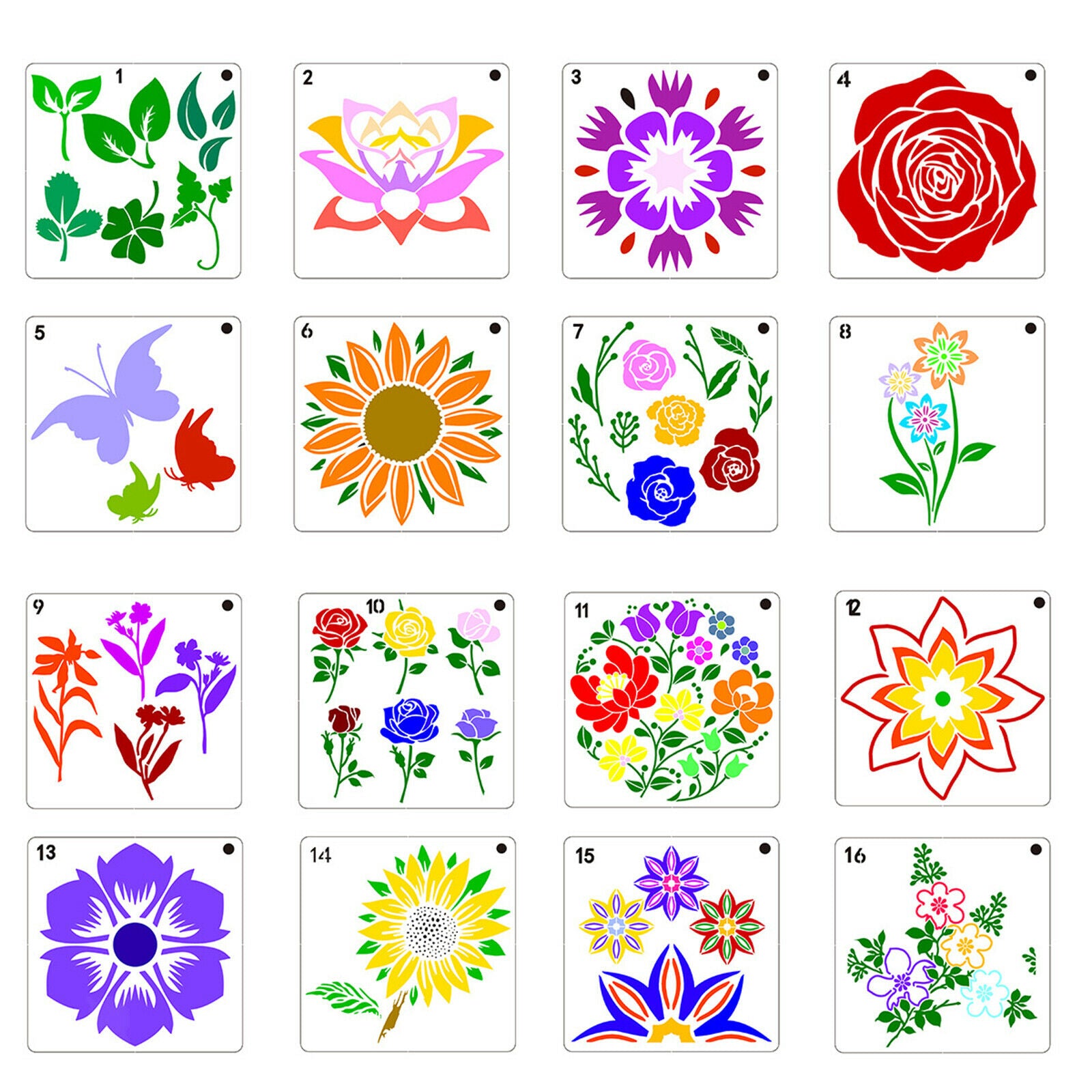 16x Flowers Pattern Plastic Painting Drawing Template Stencil for Decor Card