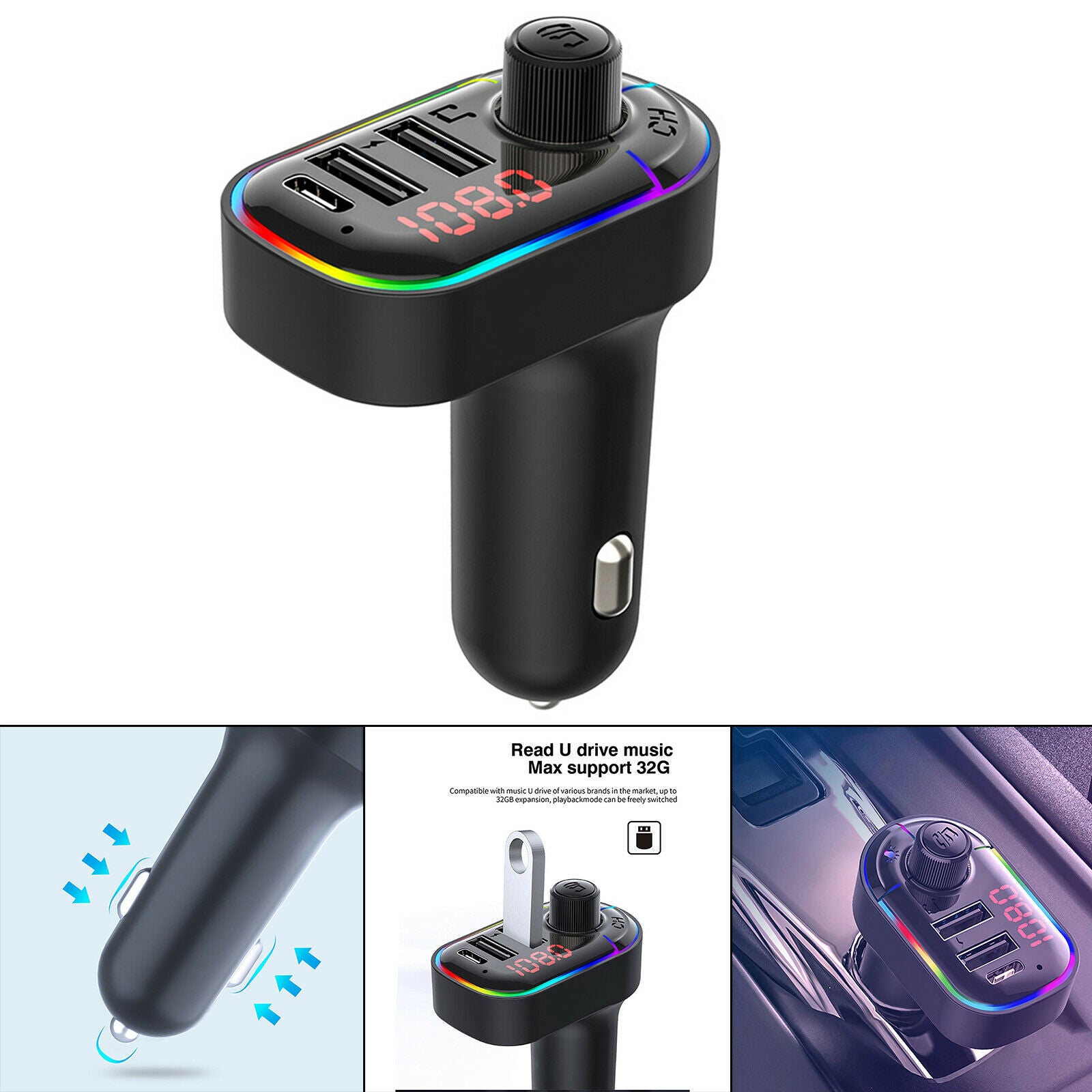 Bluetooth Fast Car Charger FM Transmitter 7 Color LED Light Dual USB Port