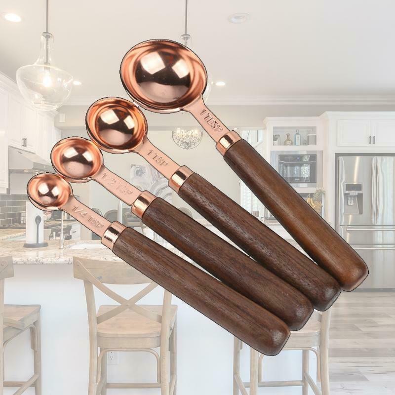 4 Pcs Multi-size Kitchen Measuring Spoon Durable Practical Wooden Handle Baking