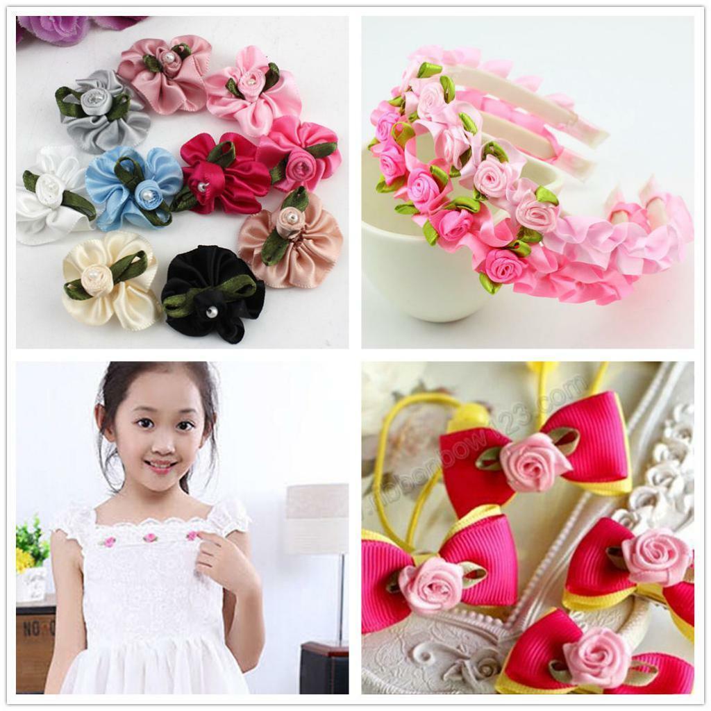 100 Pieces Mini Satin Ribbon Flowers Rose Leaf Decoration Sewing Craft DIY