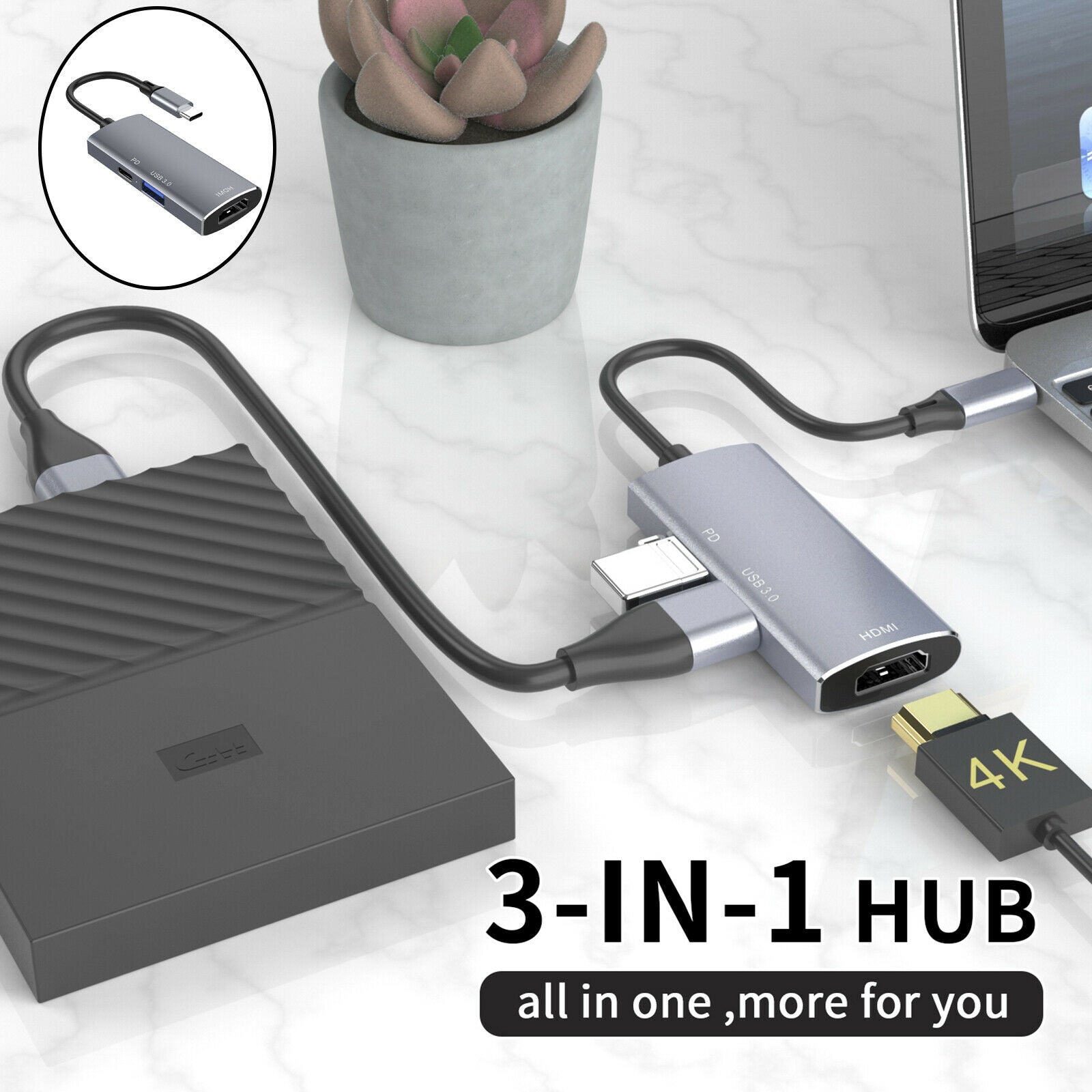 3-in-1 USB-C Hub 4K@30Hz HDMI for Macbook for Nitendo Switch Keyboard HDTV