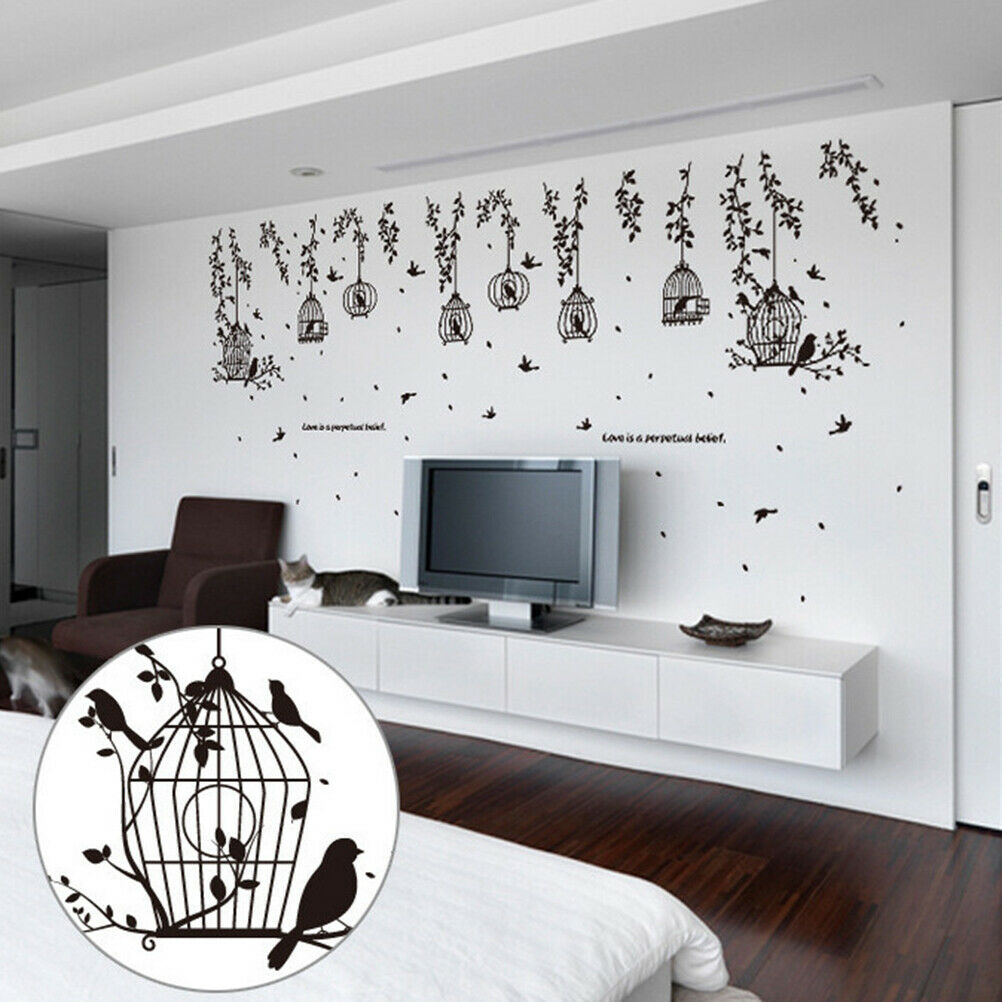 Black Bird Cage and Leaves Silhouette Patterns Wall Stickers TV wall stic.l8