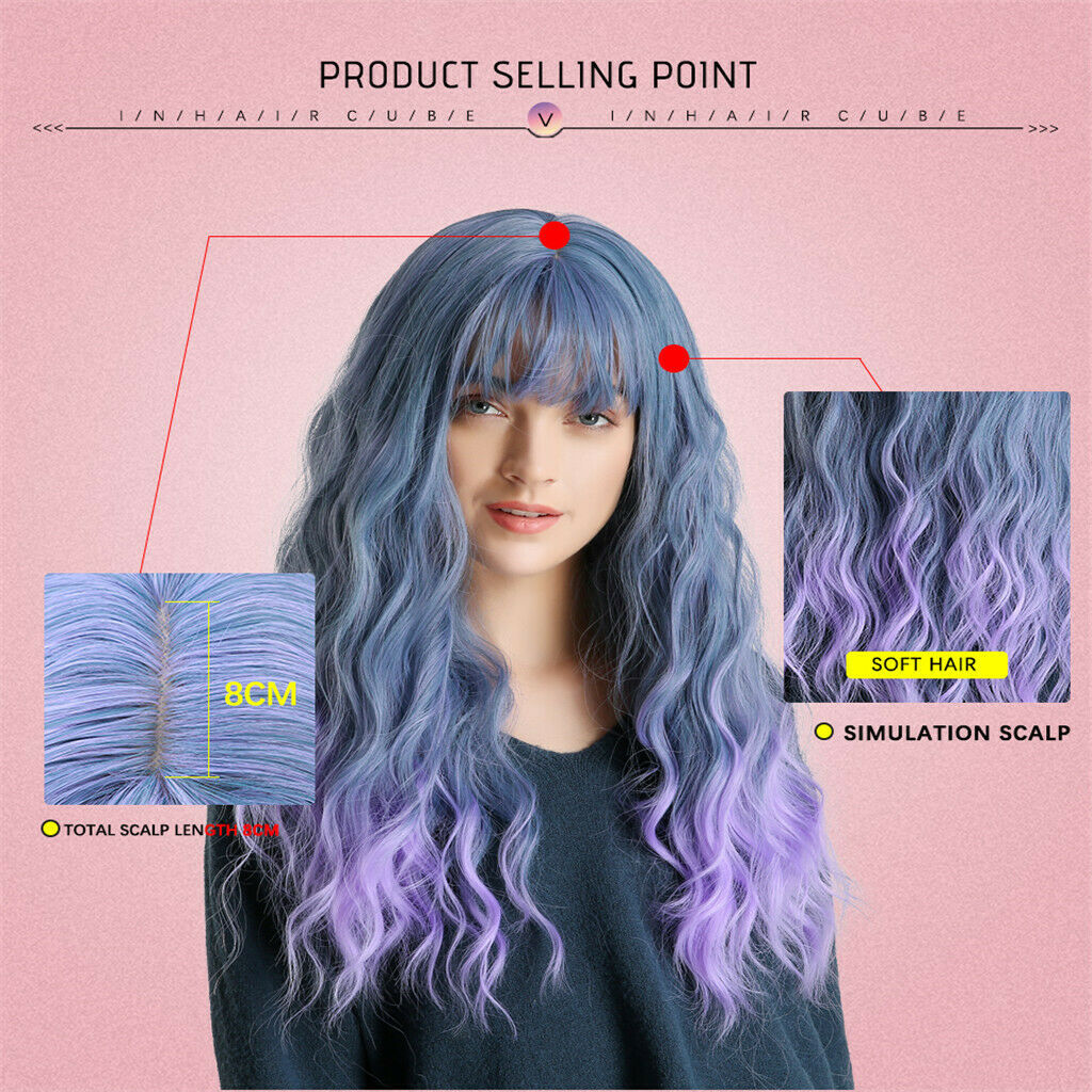 24" Blue Ombre Purple Synthetic Wigs Long Curly Anime Wig for Women w/ Bangs