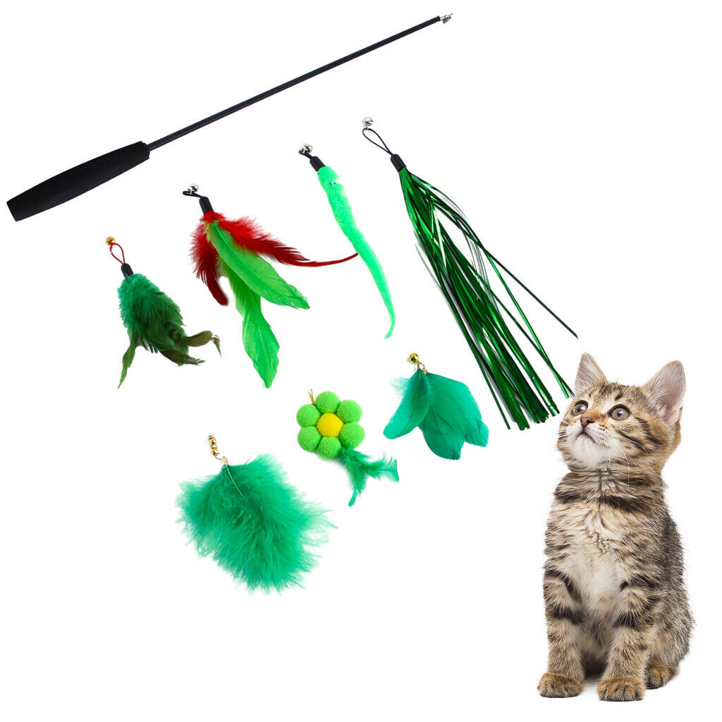 Cat Teaser Wand Set Interactive Ribbon Feather Toys for Pet Kitten Boredom
