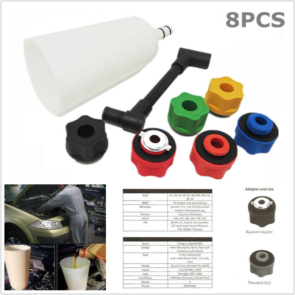 8Pc Car Engine Oil Funnel Kit Filling Cooling System Repair Filler 6 Adapter+Box