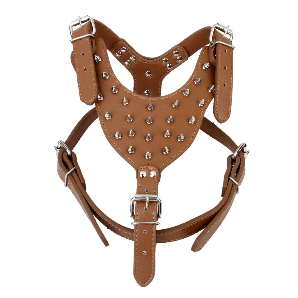 Studded Rivets PU Leather Pet DOG Walking Collar Harness Adjustable Brown