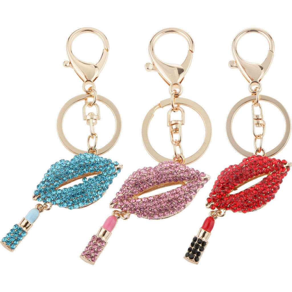 Lips Lipstick Rhinestone Pendant Keychain Women Gift Accessories Red