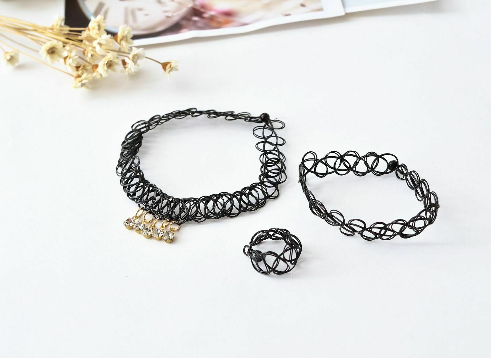 New Hot Tattoo Choker Stretch Necklace Set Black Cord Retro Henna Elastic Gothic