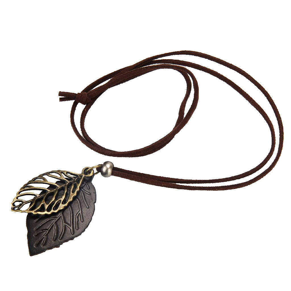 2 Pieces Women Leaves Leaf Pendant Necklace PU Leather Long Sweater Chain