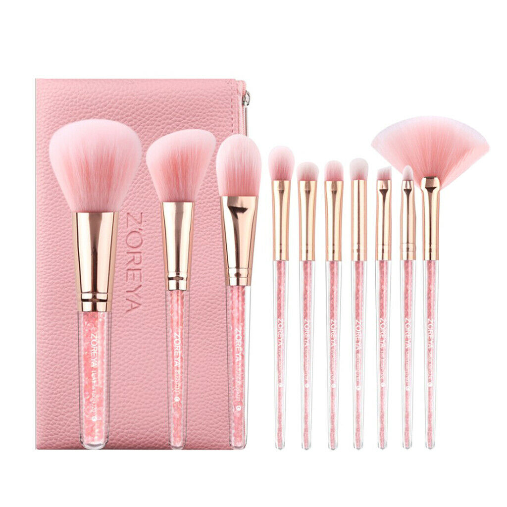 10Pcs Makeup Brushes, Acrylic Pink Rhinestone Handle, Professional Premium