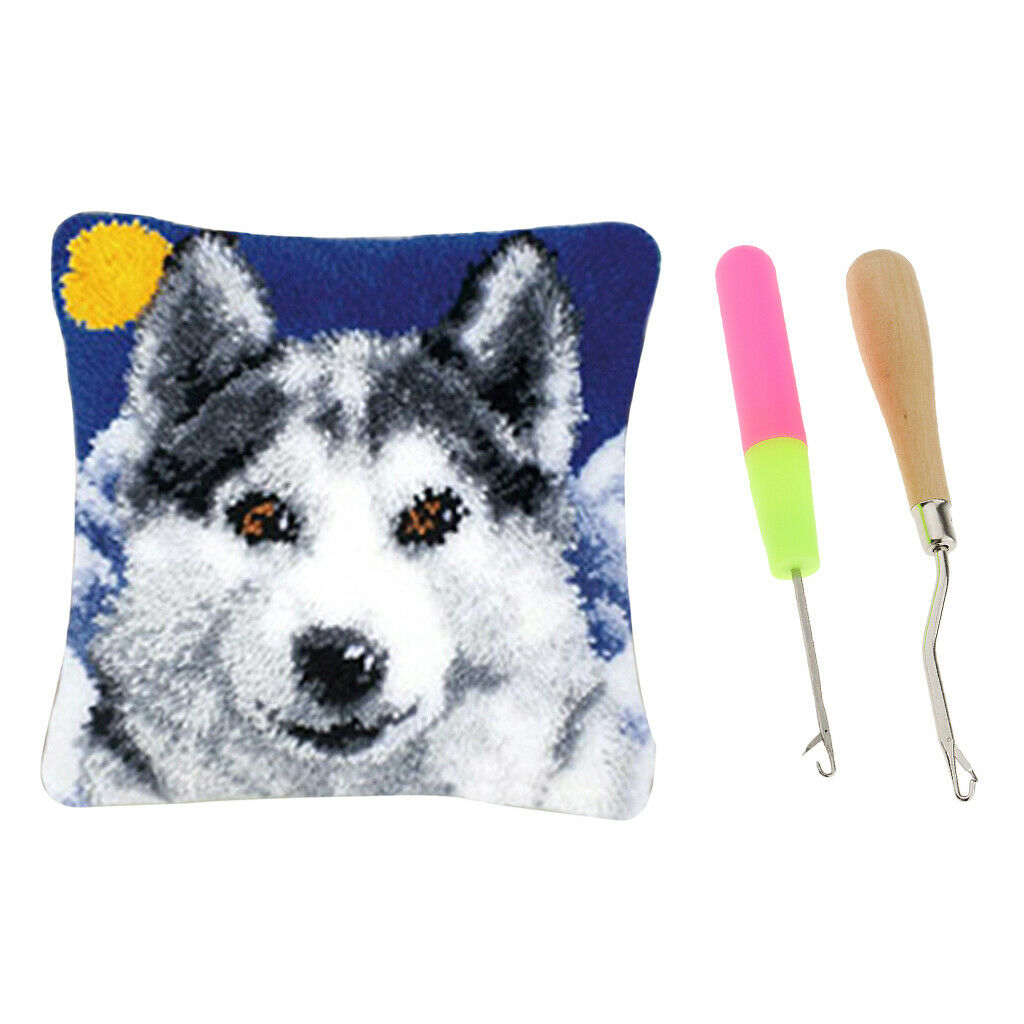 Latch Hook Pillow Kit and 2pcs Latch Hooks for Beignners Kids 43x43cm - Wolf