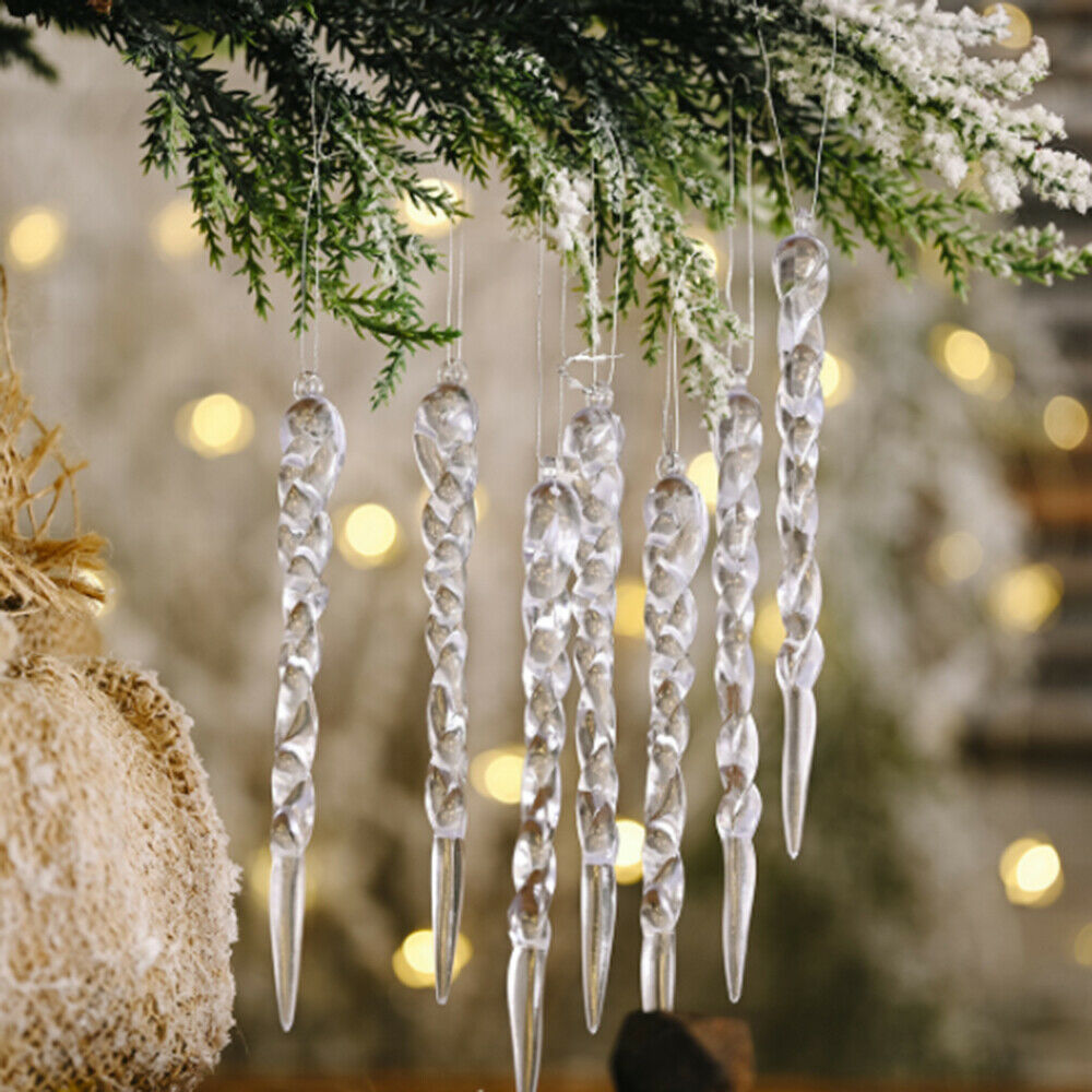 12Pcs Clear Glass Pendant Transparent Icicle Christmas Tree Hanging Decorations