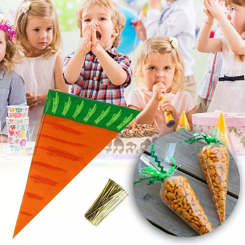 50pcs Easter Decoration Carrot Cone Bags Cellophane Treat Bags for Candies C XC