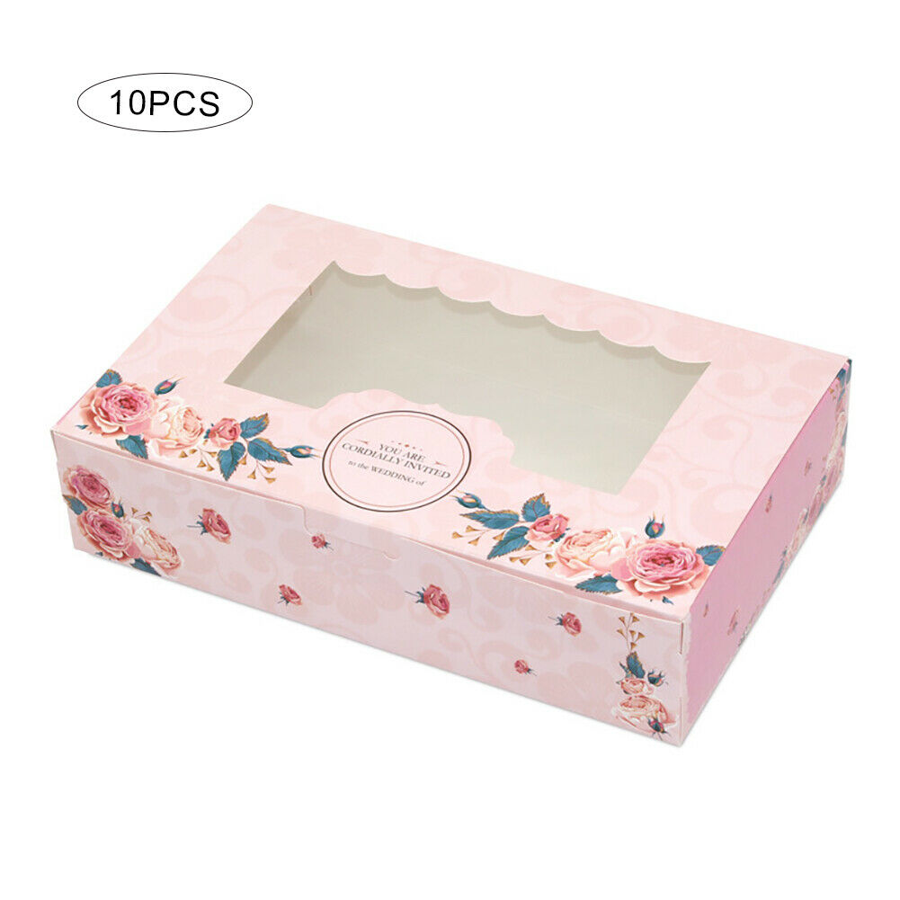 10Pc Box Windowed Cupcake Pin Rose Boxes For 6 Cup Cake Home Party Cake Tray HN