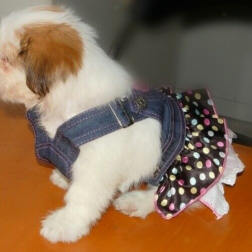 Dog Puppy Denim Dungarees Pink Heart Sequin Polka Dot Ruffle Jumper Dress XS