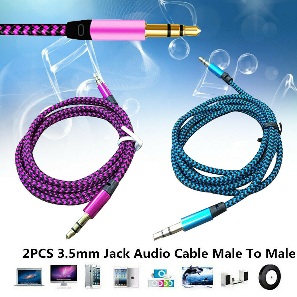 2PCS 3.5mm Male to Male Aux Cable Cord Car Braided Audio Headphone Jack Portable