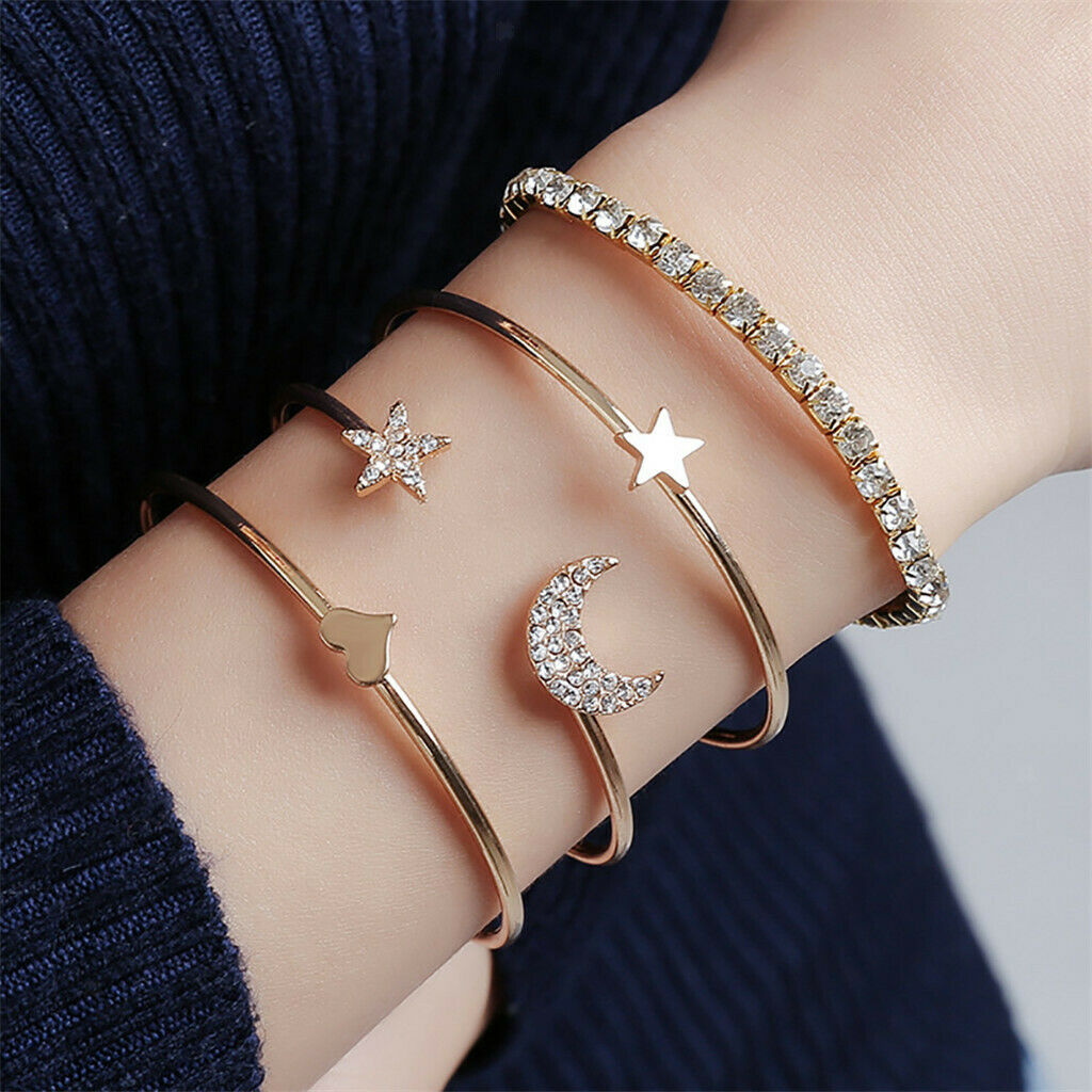 4Pcs Fashion Open Bracelets Delicate Star Moon Heart Rhinestone Bangle Set