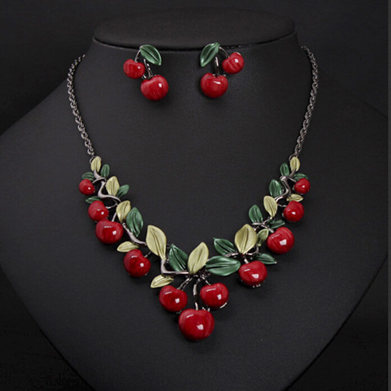 1 Set Fashion Red Cherry Jewelry Set Metal Bridal Necklace Earring.l8