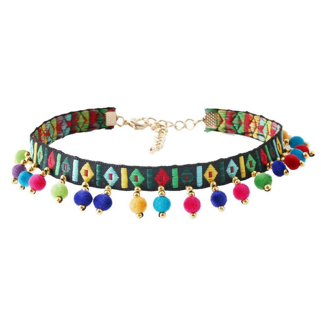 Retro Embroidery Pom Pom Ball Pendant Thin Necklace Collar