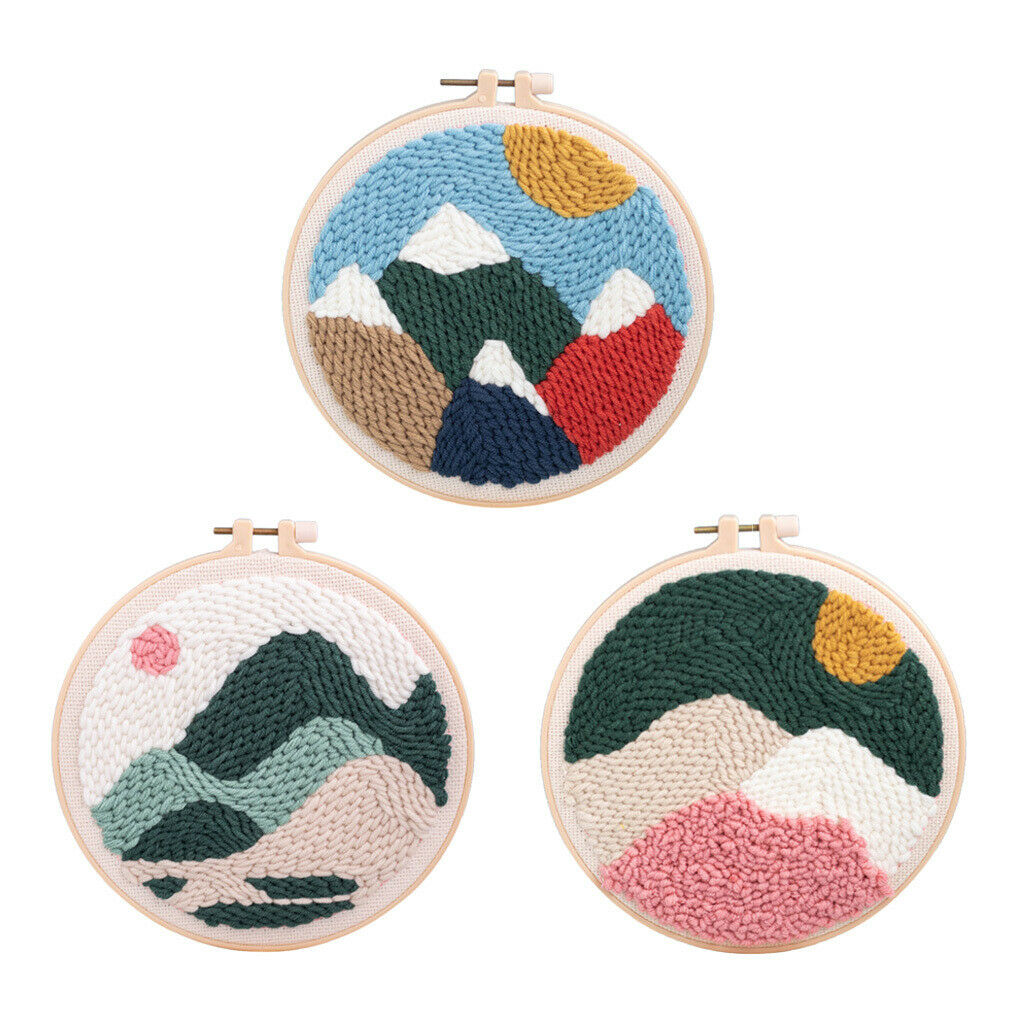 3 Set Punch Embrodiery Starter Kits Soft Yarn Hand Craft Scenery Pattern