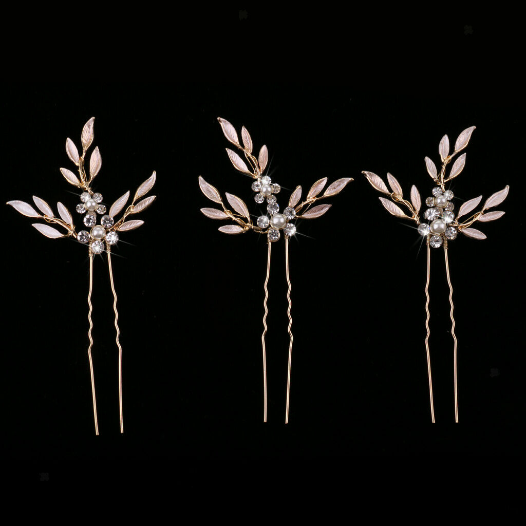 3 Pieces Pearls Diamante Leaf Hair Pins Vine Wedding Bridal Headpieces