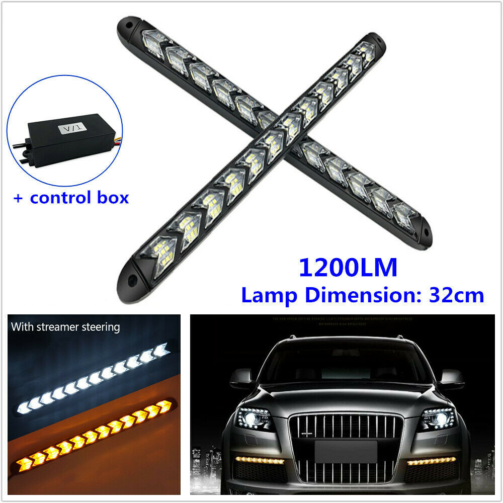 2PCS Car Daytime Running Lamp LED Flowing Light Strip Turn Signal White & Amber