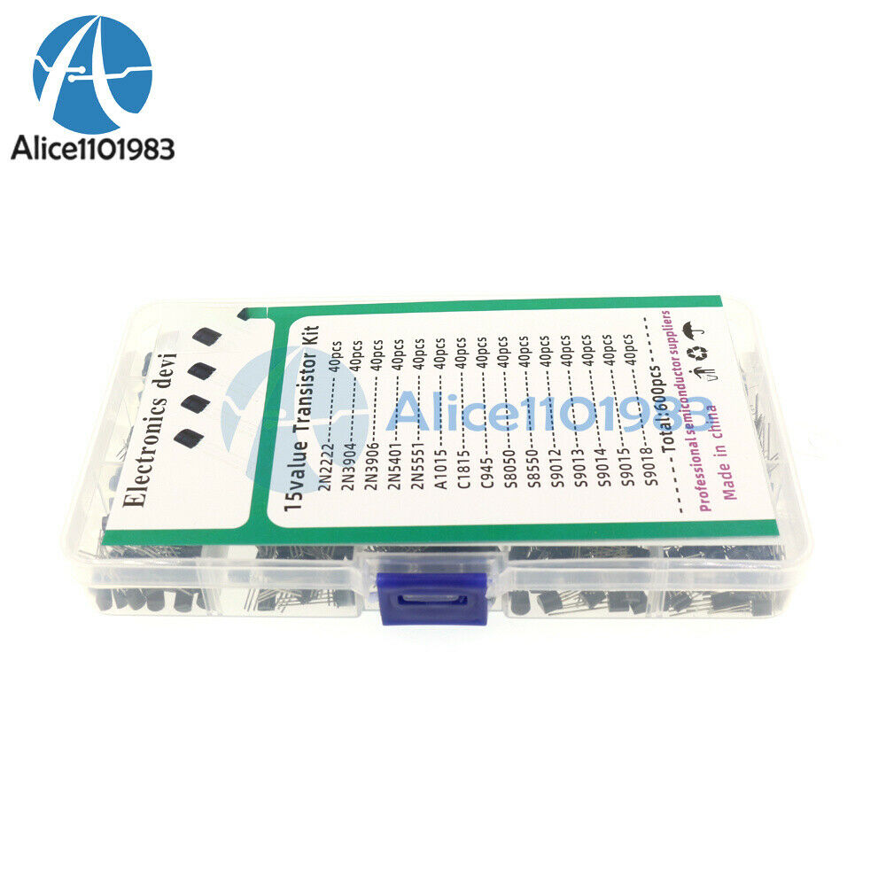 600PCS 15 Values x 40 Pcs Assorted Transistor TO-92 Assortment Box Kit
