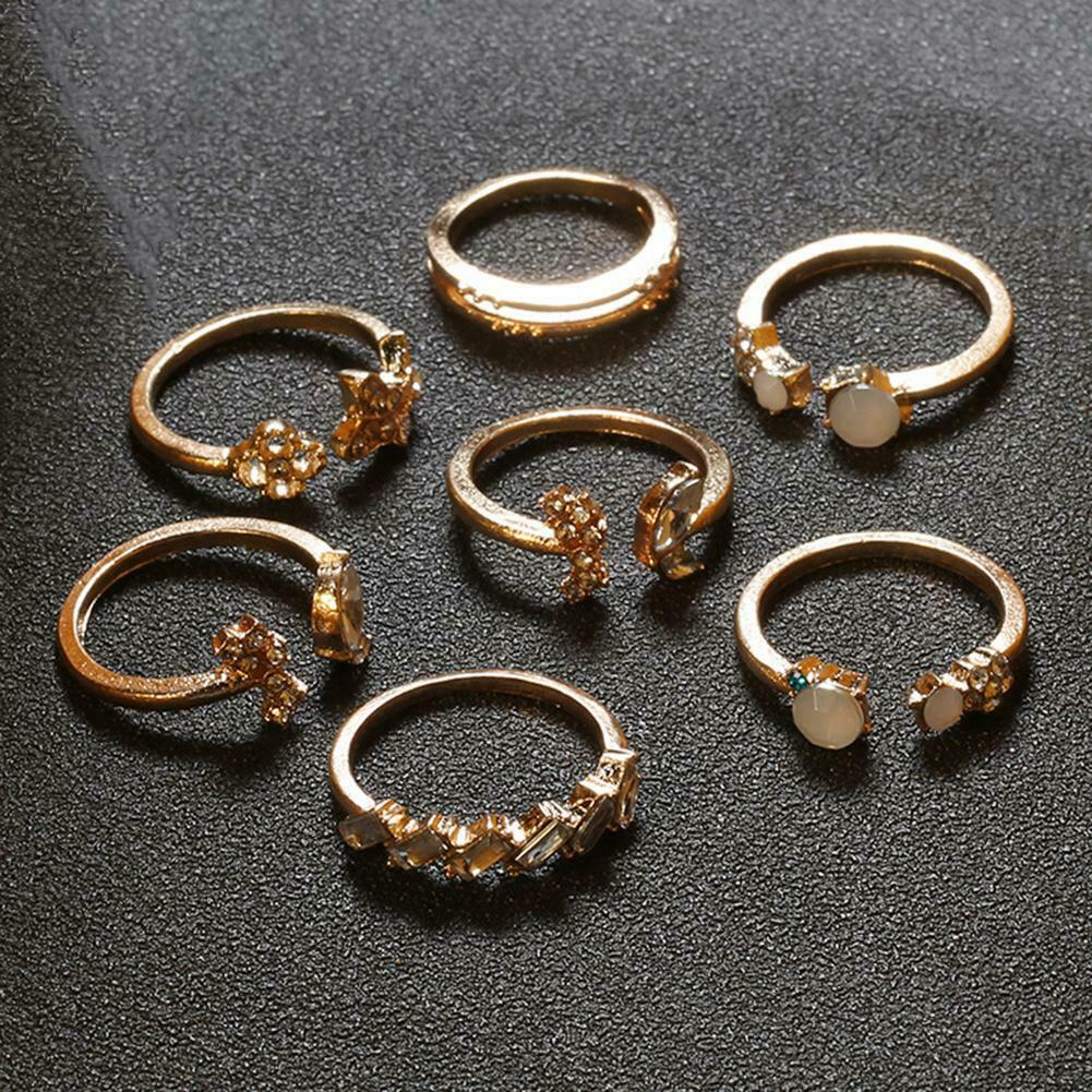 7pcs/set Rhinestone Butterfly Flower Ring Women Open Knuckle Rings Jewelry @